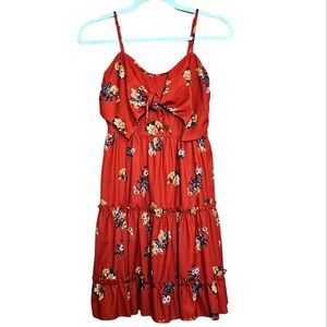ECOWISH Floral Spaghetti Strap Tie Knot Front Flowy Pleated Mini Swing Dress S